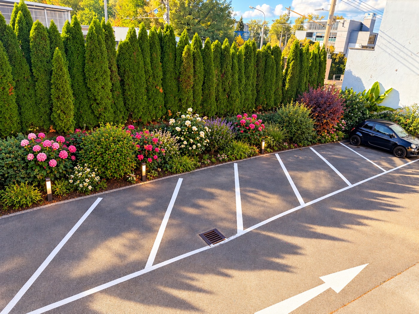 Hotelparkplatz mit blühender Hecke